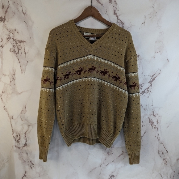 Kennington Sweater Mens Large Brown Vintage 60s 70s V Neck Fair Isle Deer - Picture 1 of 8